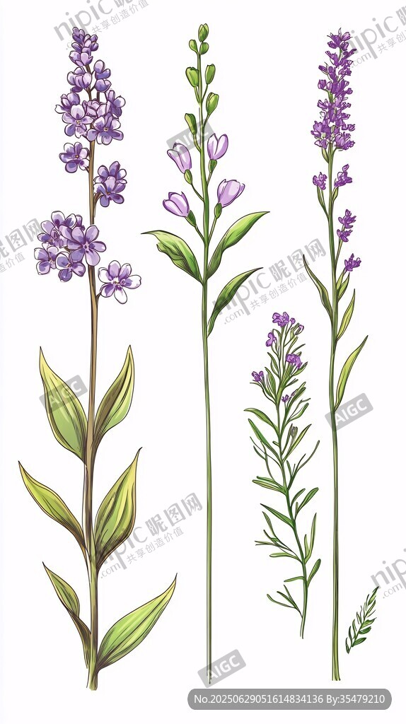 手繪紫色花卉植物插畫
