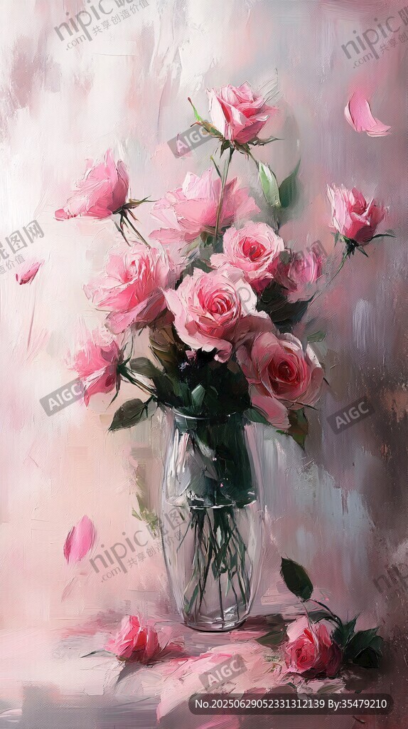 粉色玫瑰插于透明花瓶中