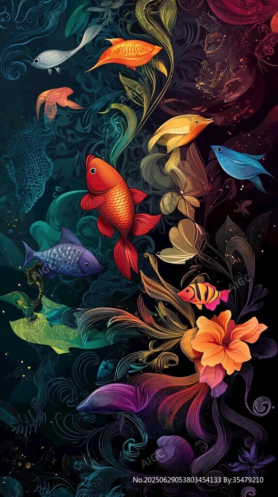 夢幻海底魚與花卉插畫