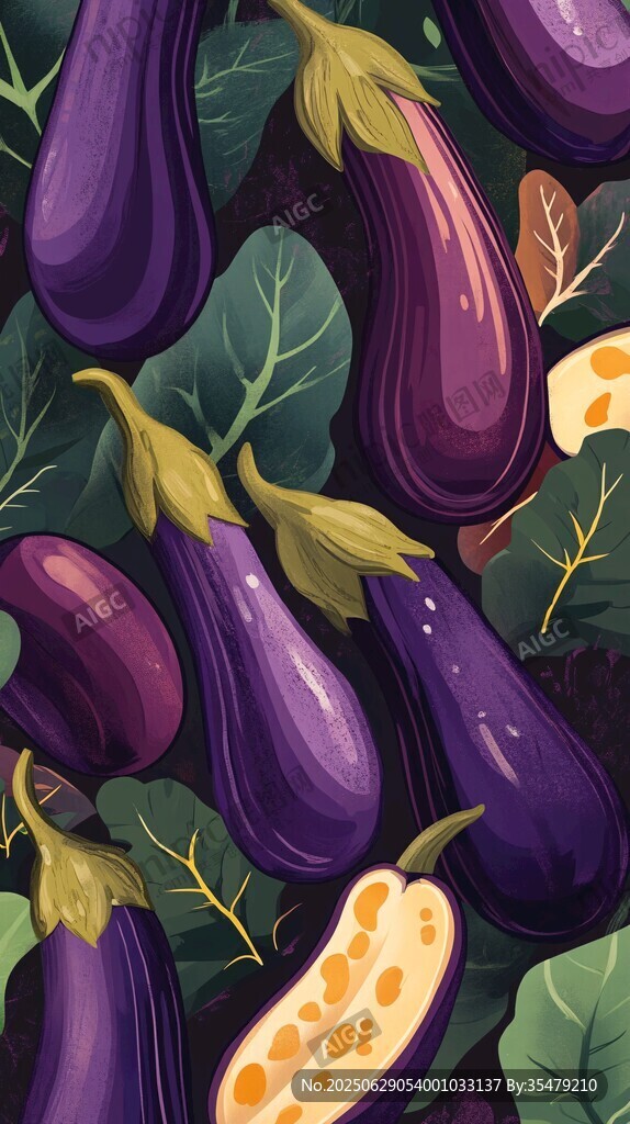 紫色茄子與綠葉插畫圖案