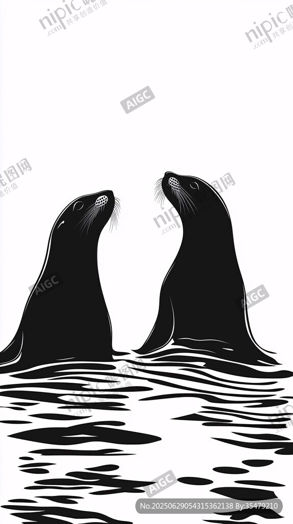 水中雙海豹的黑白剪影