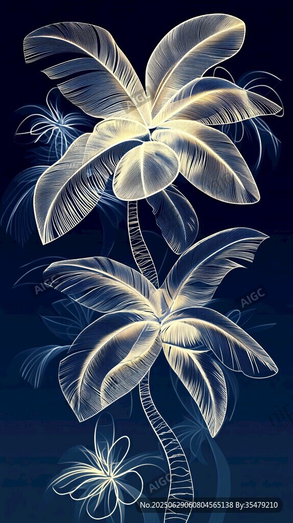夢幻藍底雙生椰樹插畫