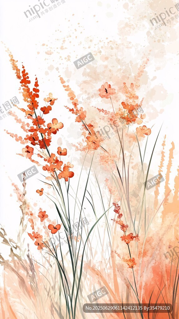 橙色花卉水彩插畫