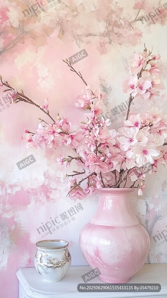 粉色花瓶中的爛漫花枝