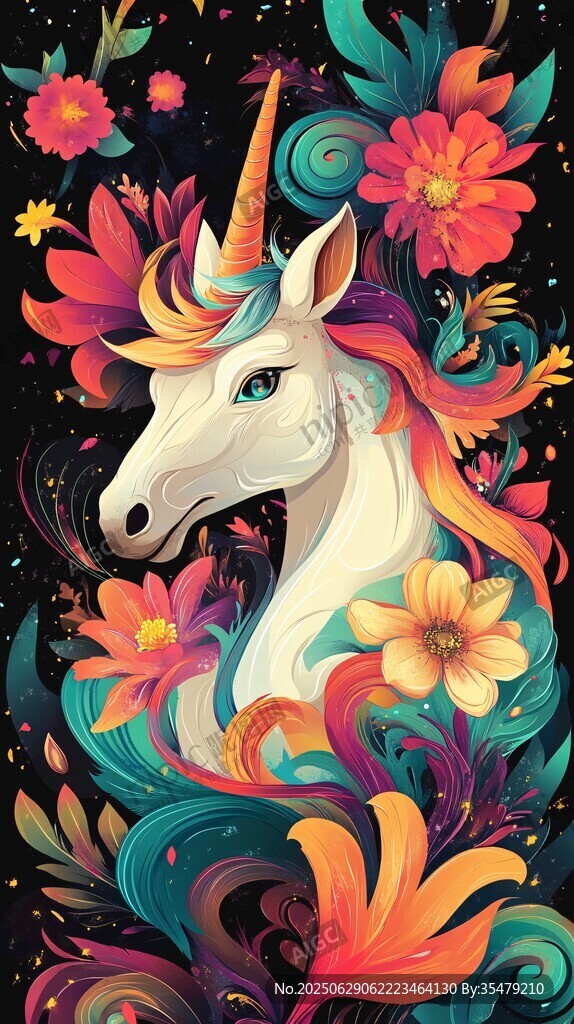 夢幻獨角獸與繽紛花卉
