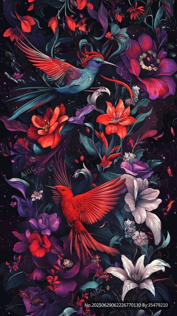 繁花中雙鳥共舞的夢幻圖景