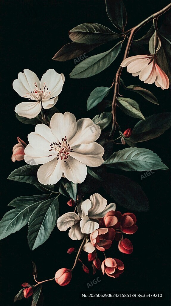 復(fù)古風(fēng)白花卉枝葉圖