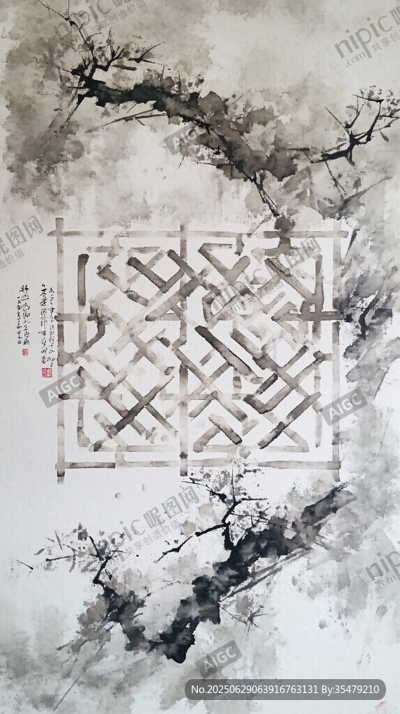 水墨窗景下的雅致梅枝