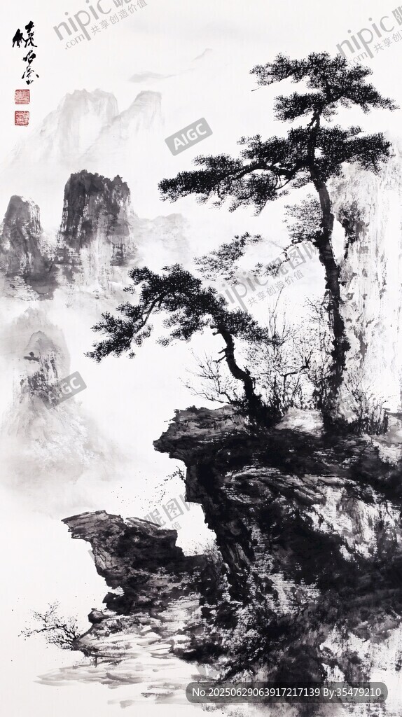 懸崖孤松水墨山水意境圖