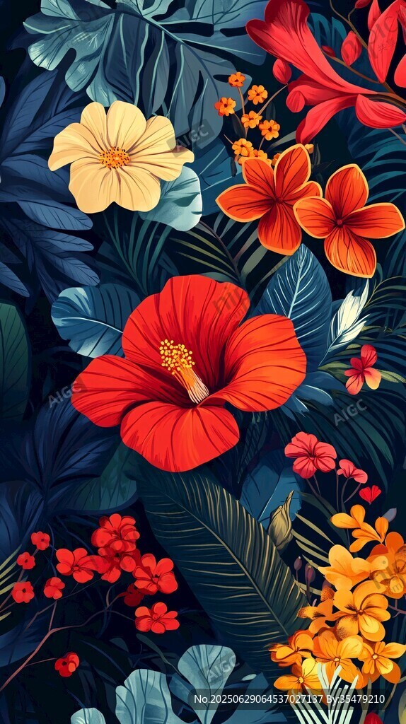 熱帶花卉植物絢麗插畫