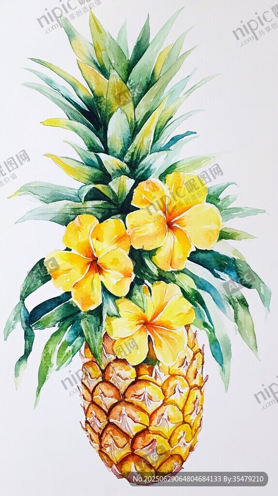 水彩繪菠蘿配艷麗黃花