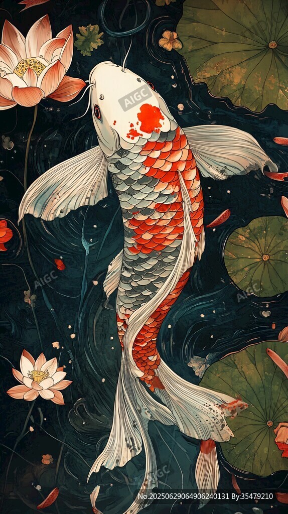 錦鯉戲荷圖