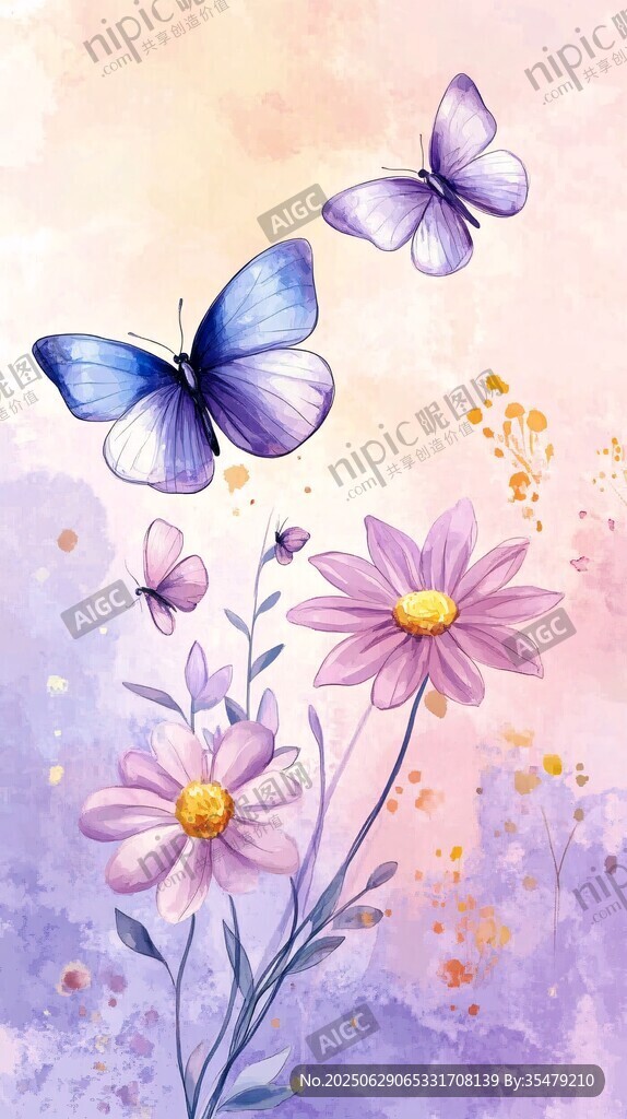 夢幻蝴蝶伴花水彩插畫