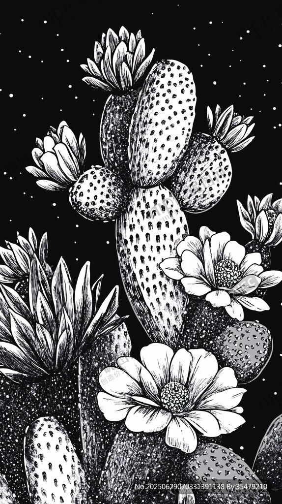 黑白手繪仙人掌花卉圖案