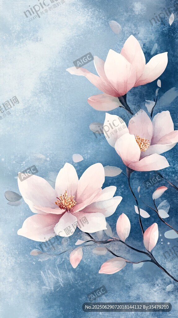 夢幻藍底綻放的柔美玉蘭花