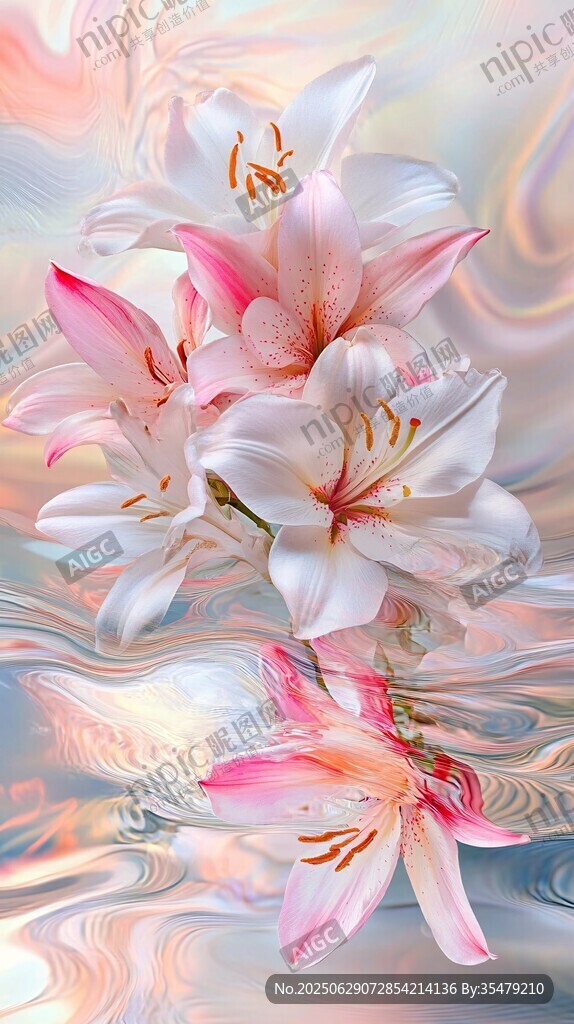 夢幻粉色百合花水中倒影