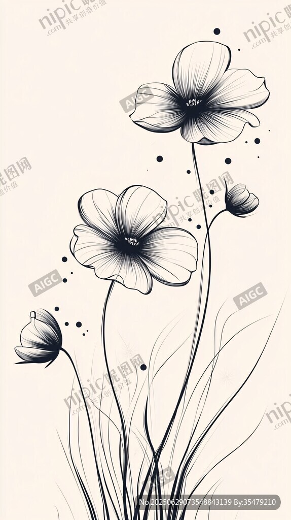 簡約黑白花卉插畫