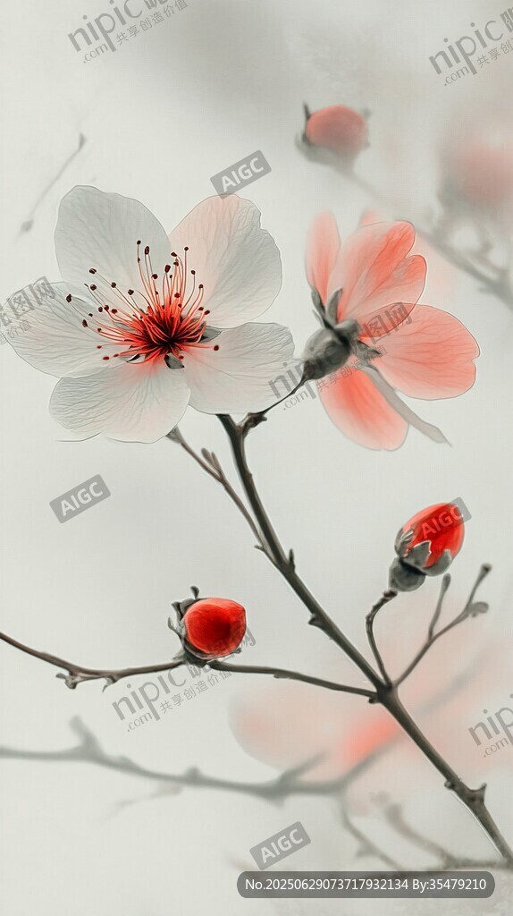 水墨風(fēng)綻放的嬌艷桃花
