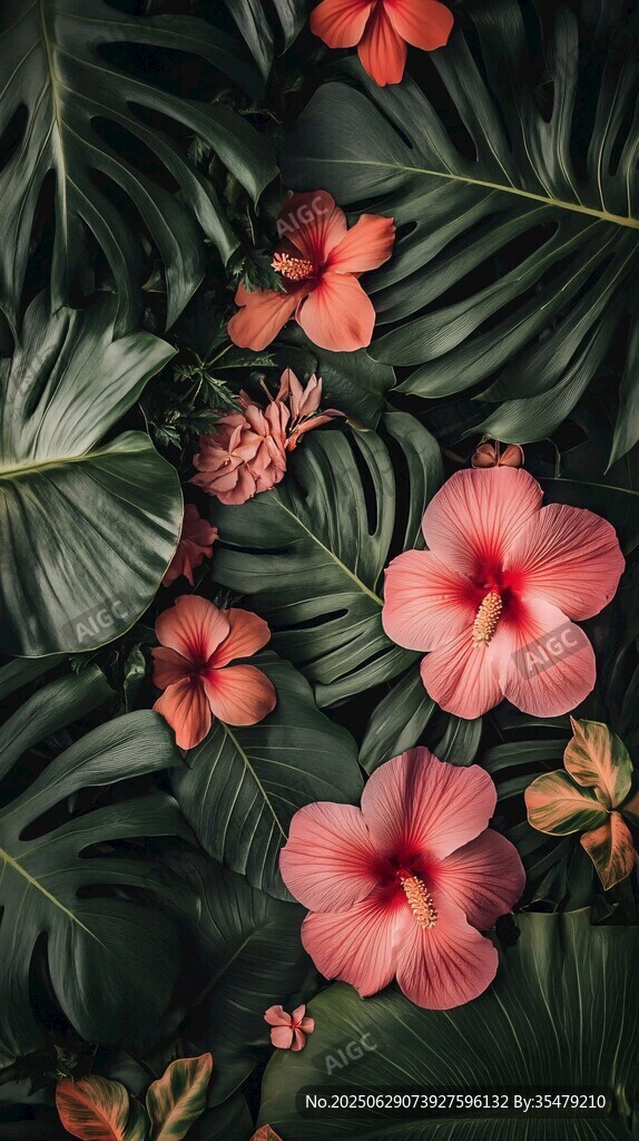 粉色扶桑花與綠葉背景圖