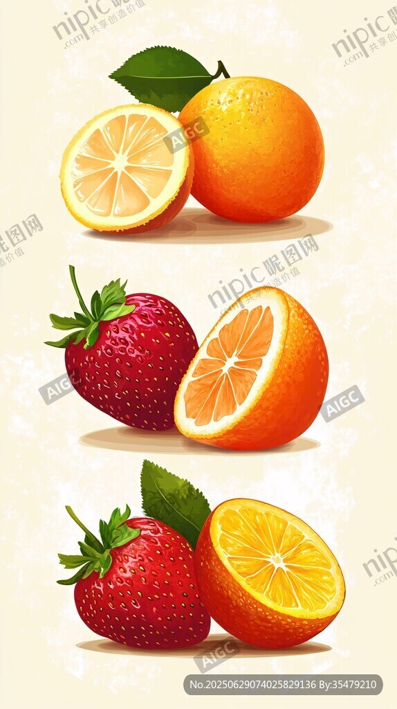 新鮮草莓與橙子插畫