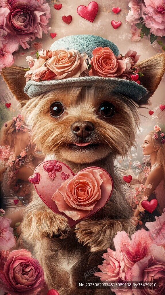 萌犬戴花帽捧愛心花朵