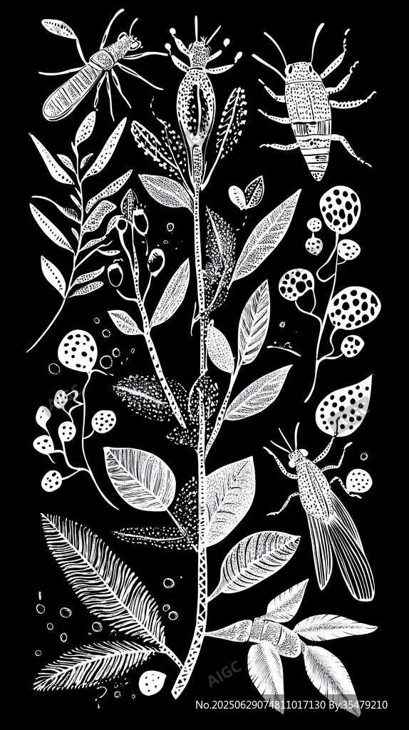 黑白植物昆蟲手繪插畫