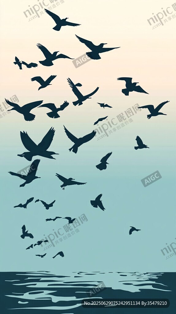群鳥翱翔于海空之間