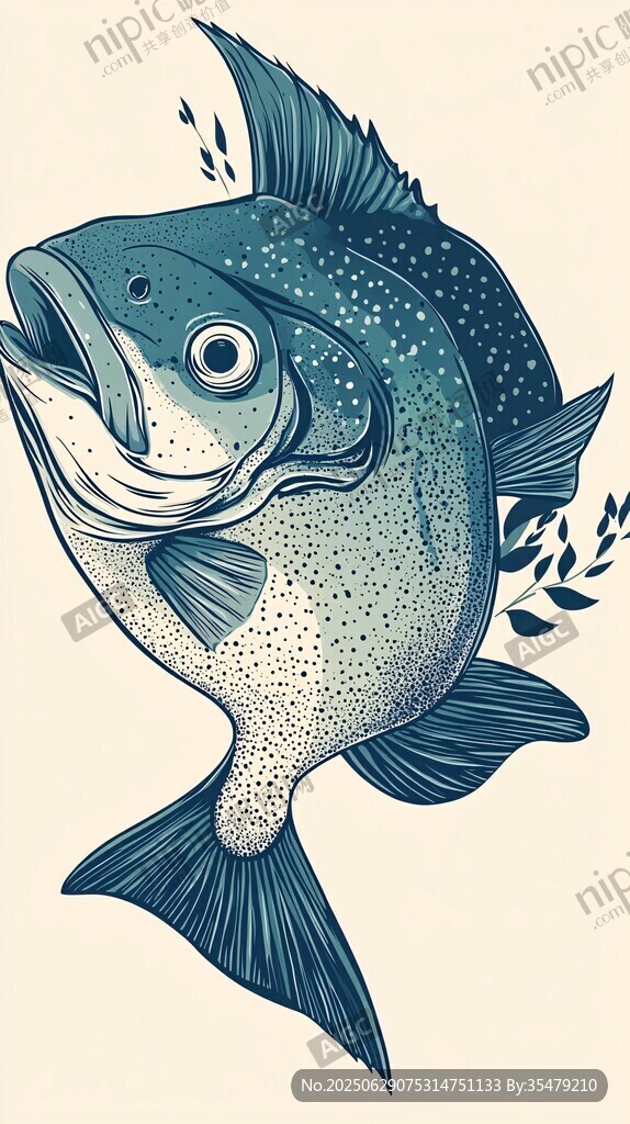 手繪藍綠色斑點大魚插畫