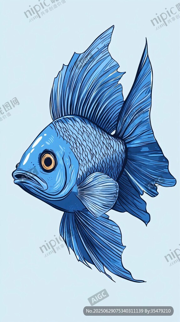 藍色飄逸鰭金魚插畫
