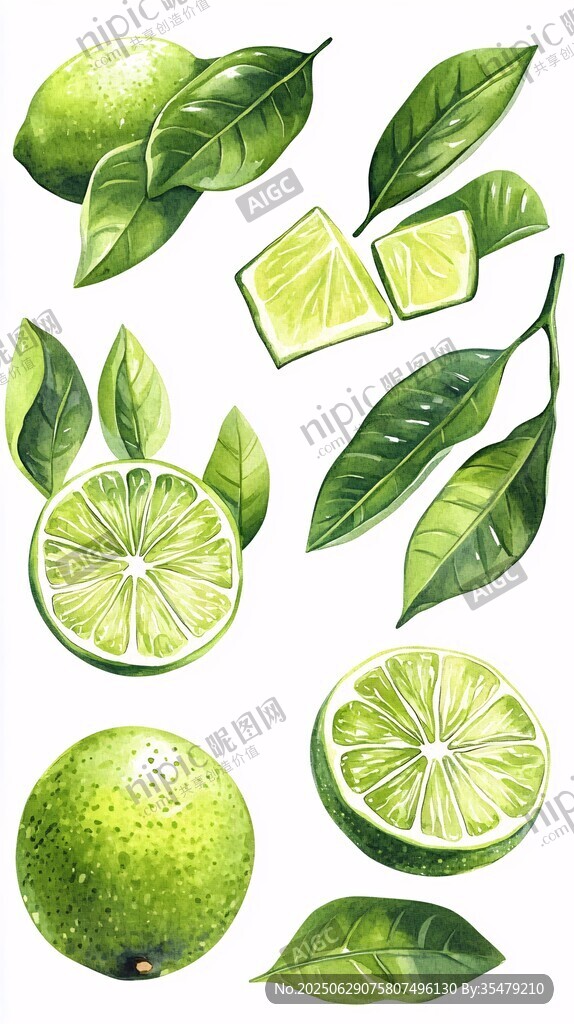 手繪青檸與葉片清新插畫