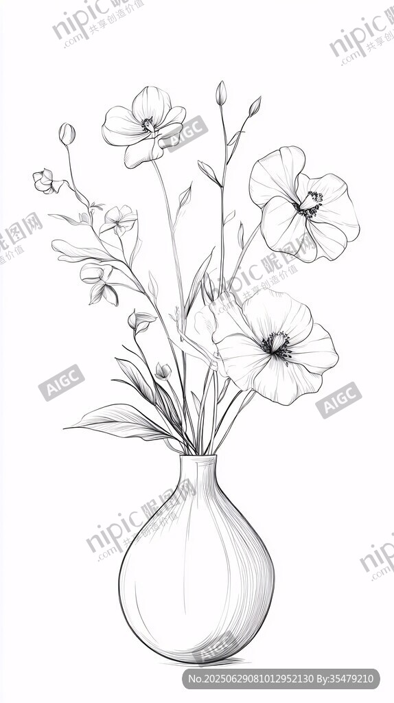 花瓶中的手繪花卉線條圖