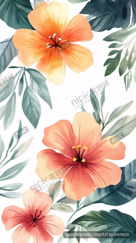 水彩風橙粉花卉綠葉圖案