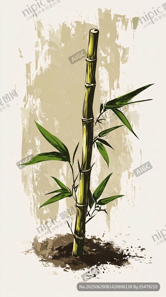 水墨風單株翠竹插畫