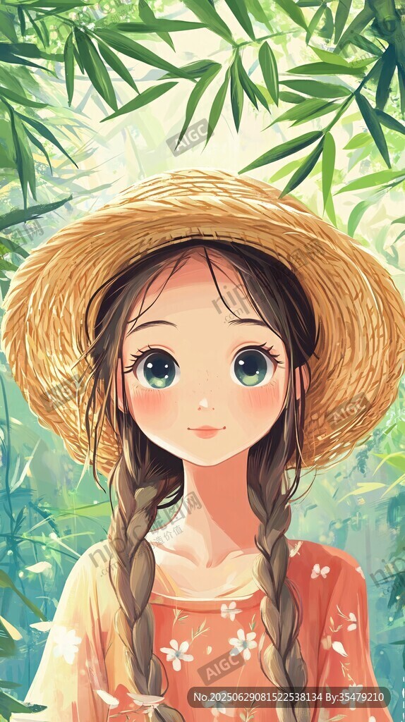草帽少女身處綠意竹林間