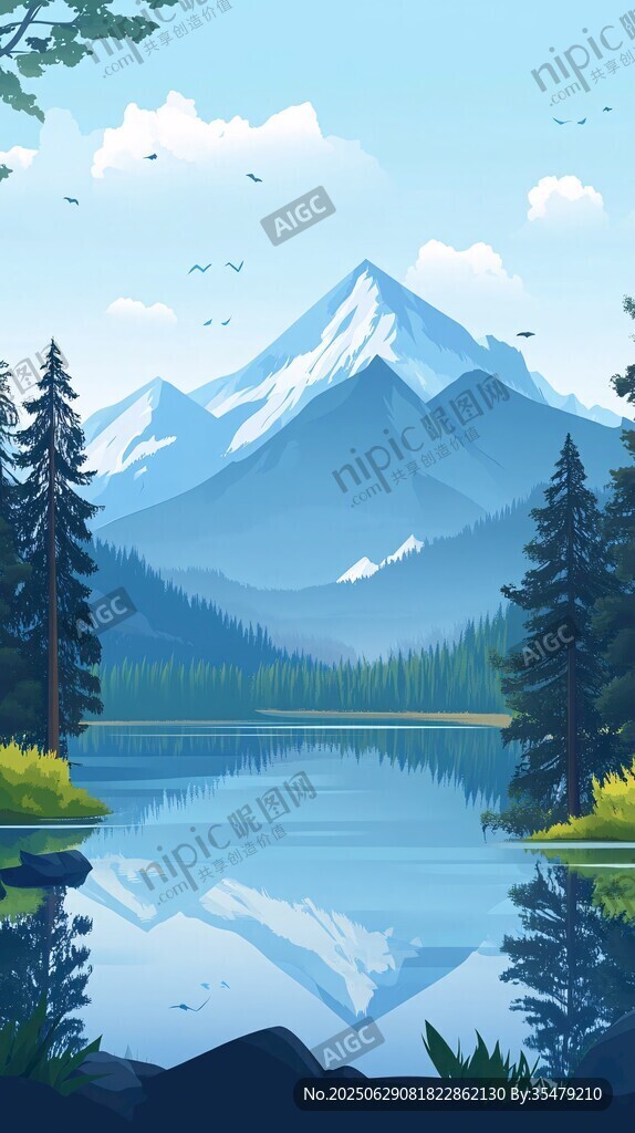 寧靜山湖風景插畫