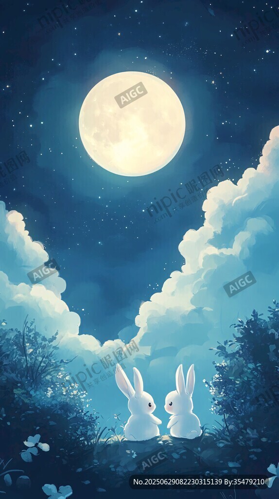 月夜下的雙兔浪漫景致