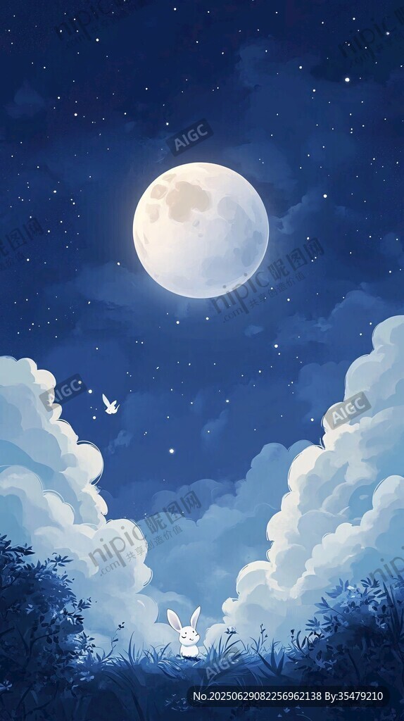 月夜下的白兔與夢幻天空