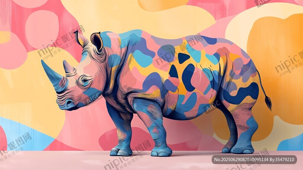 彩色犀牛插畫 夢幻背景