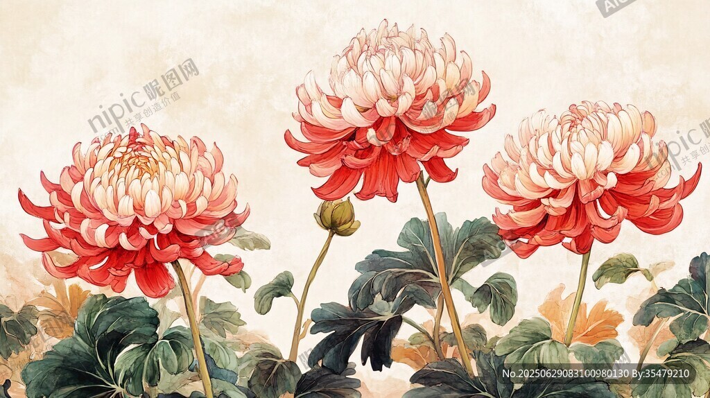 三朵艷麗盛開的中式菊花