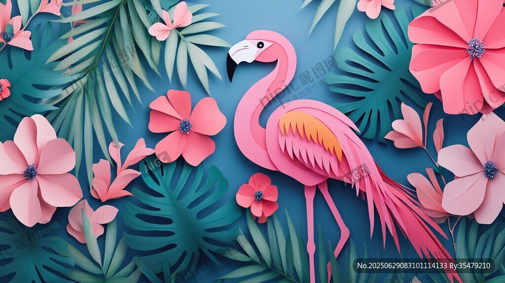 火烈鳥置身繁花綠葉間