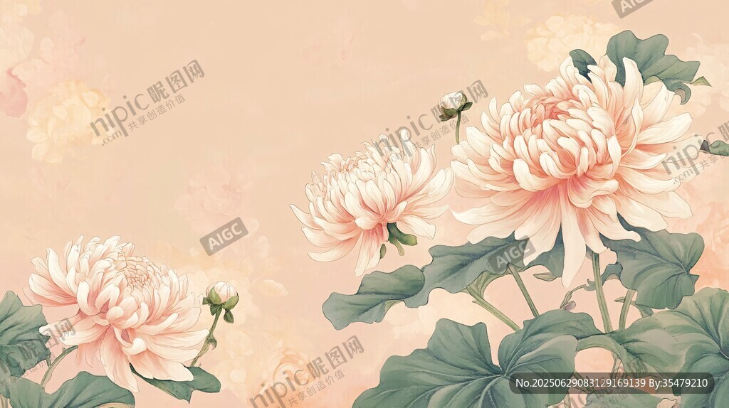 古風淡雅粉色菊花花卉圖