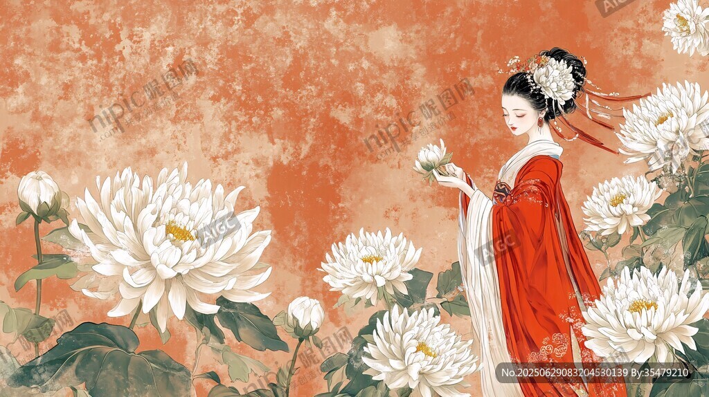 古風佳人賞菊圖