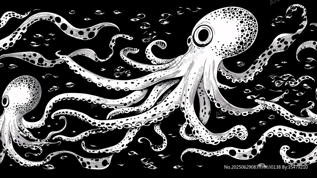 黑白風雙章魚海洋插畫