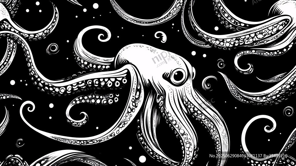 黑白章魚圖案插畫設計