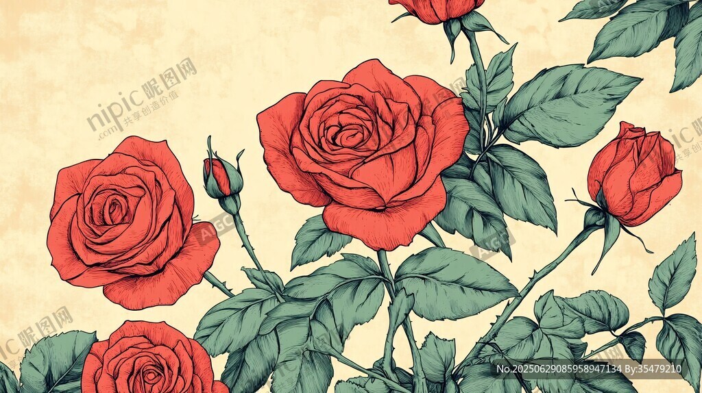 復(fù)古紅玫瑰插畫