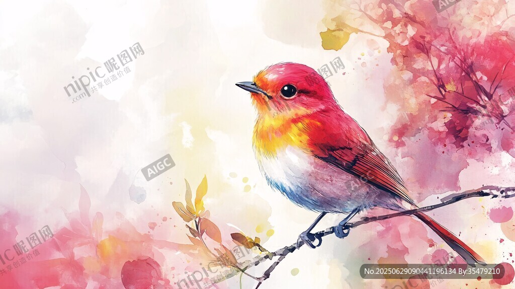 水彩繪枝頭艷麗小鳥(niǎo)