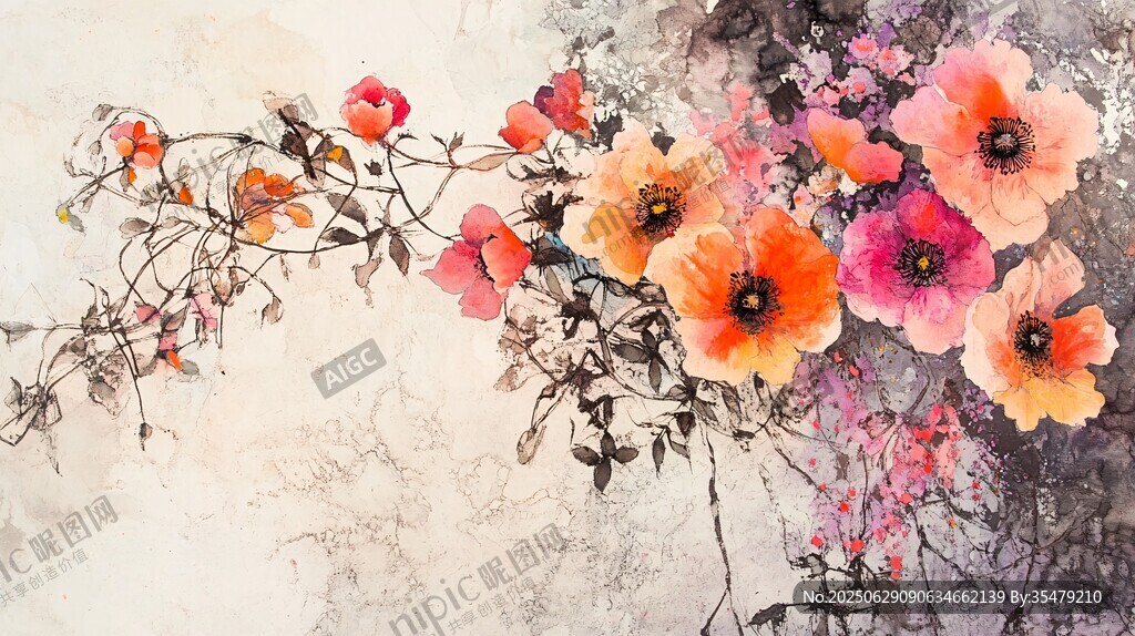 水墨風花卉綻放藝術圖