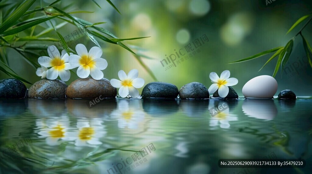 水邊石上素馨花與卵石