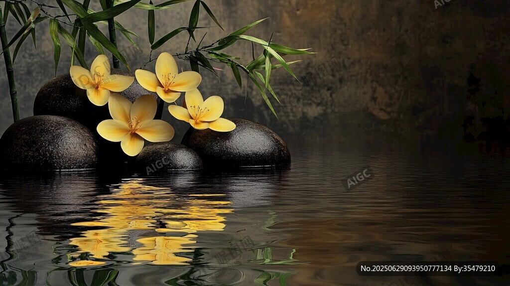 水中黃花朵與黑石相映
