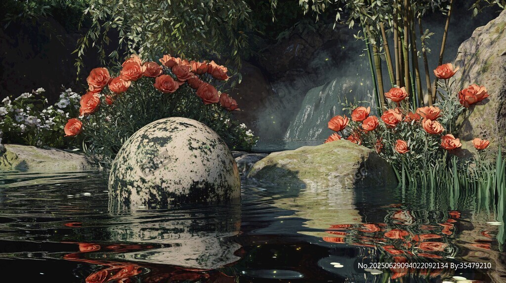 夢幻水景中的花卉與石球